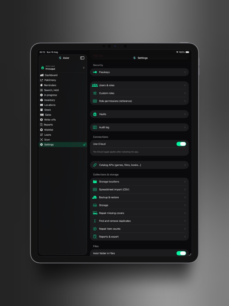 Axior on iPad showing Passkeys and profiles.