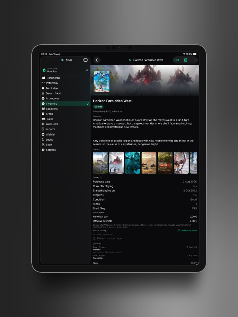 Axior on iPad showing Item card with gallery.
