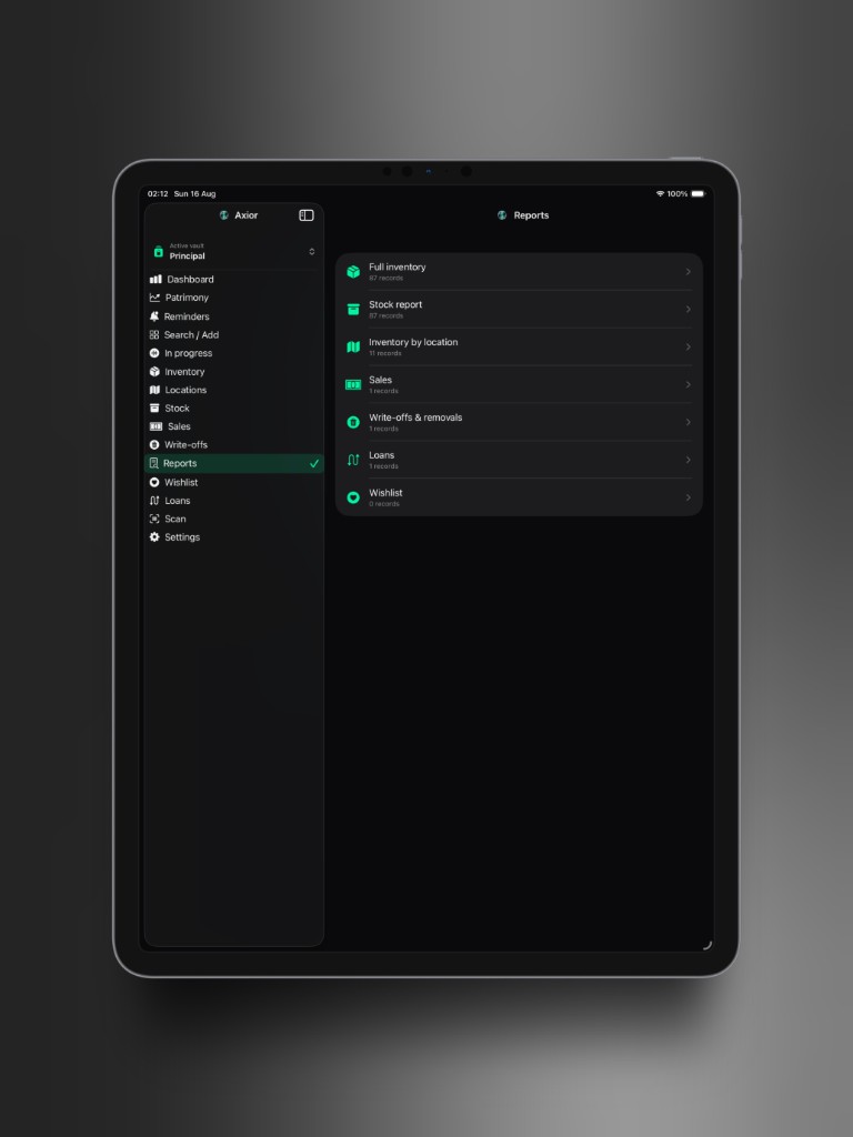 Axior on iPad showing Reports.