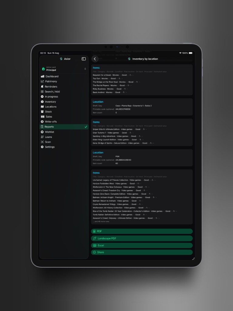 Axior on iPad showing Inventory report.
