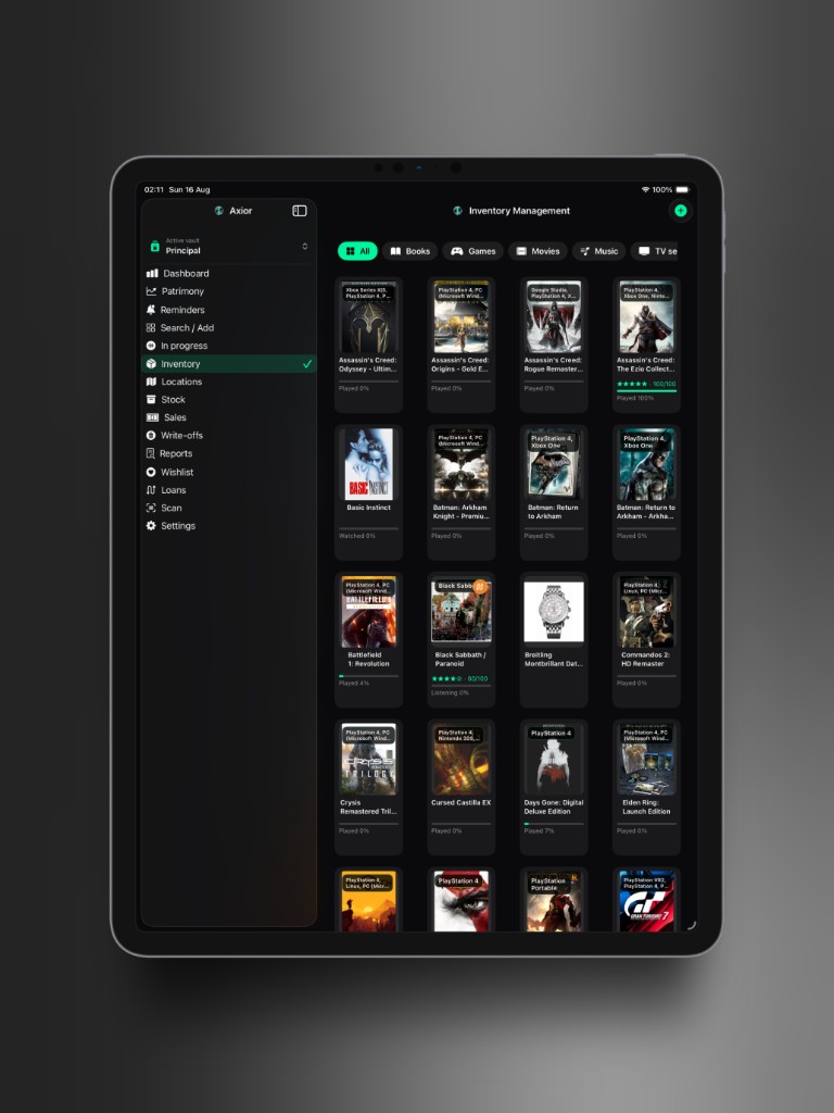 Axior on iPad showing Showcase mode.