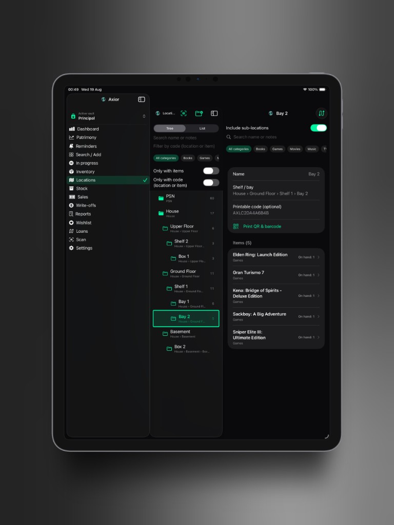 Axior on iPad showing Location tree.