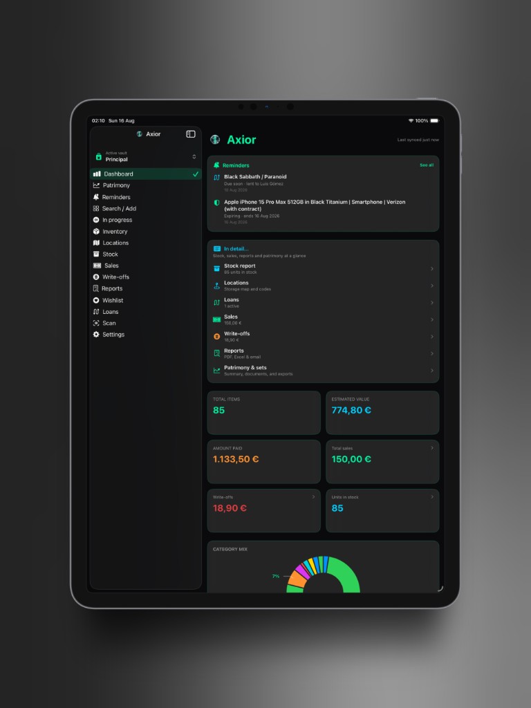 Axior on iPad showing Home dashboard.