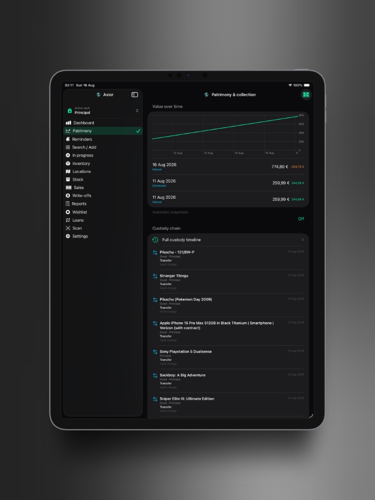 Axior on iPad showing History and custody.
