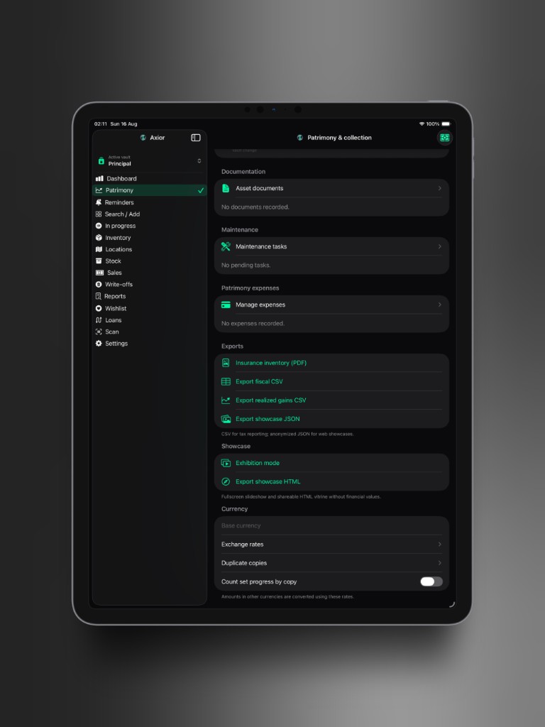 Axior on iPad showing Exports.