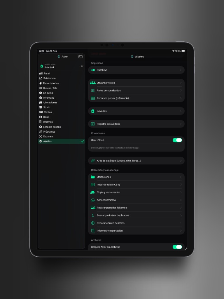 Captura de Axior en iPad mostrando Passkeys y perfiles.