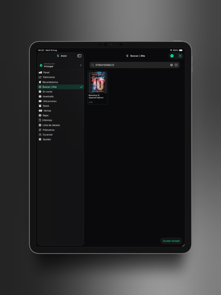 Captura de Axior en iPad mostrando Buscar y alta.