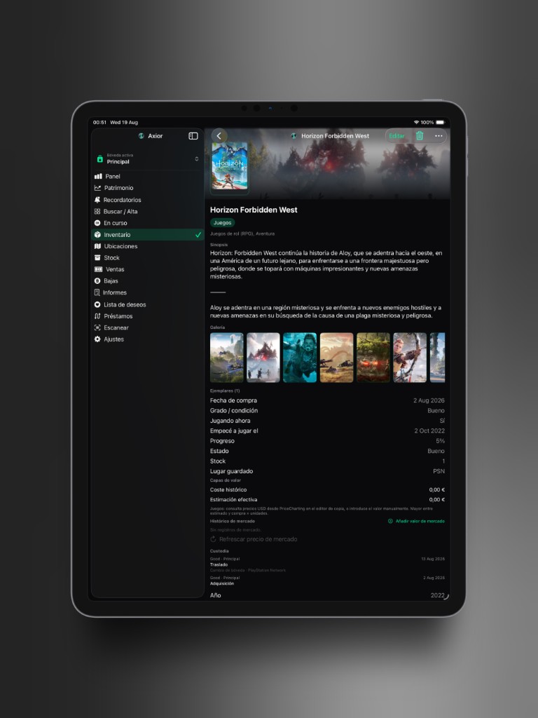 Captura de Axior en iPad mostrando Ficha con galería.