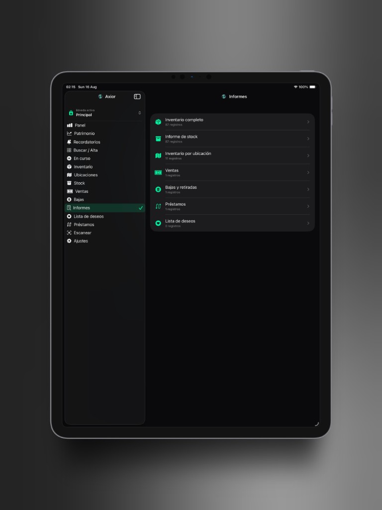 Captura de Axior en iPad mostrando Informes.