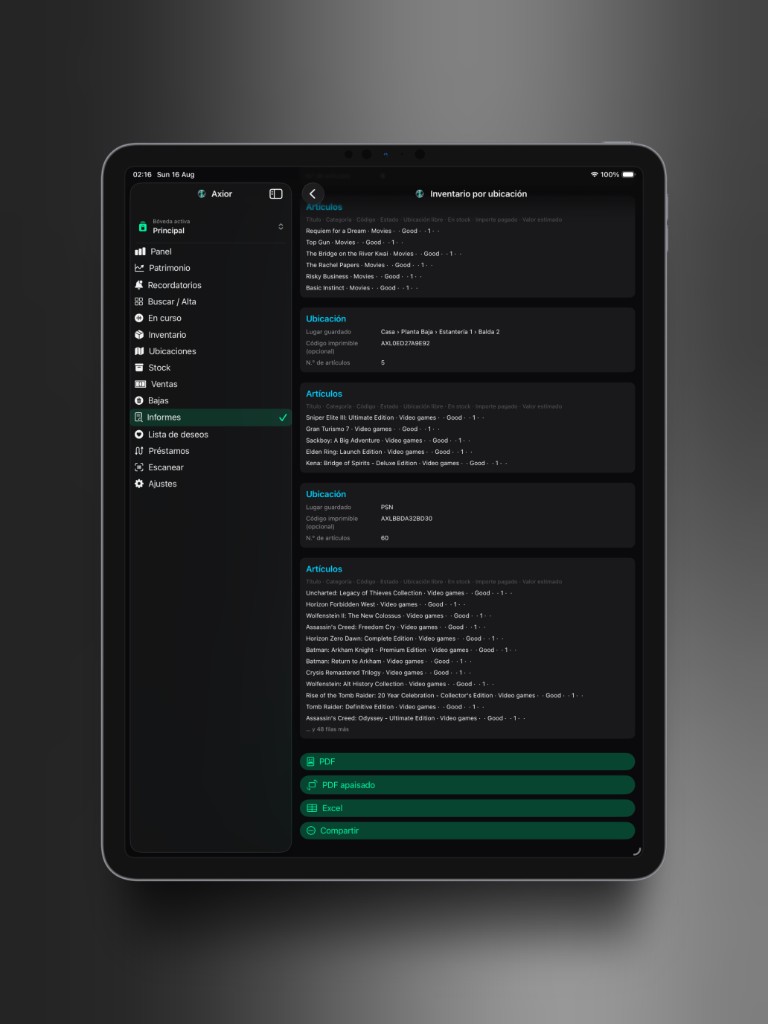 Captura de Axior en iPad mostrando Informe de inventario.