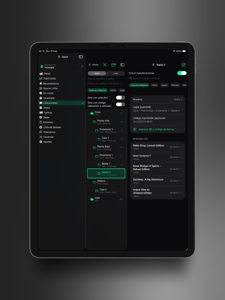 Captura de Axior en iPad mostrando Árbol de ubicaciones.