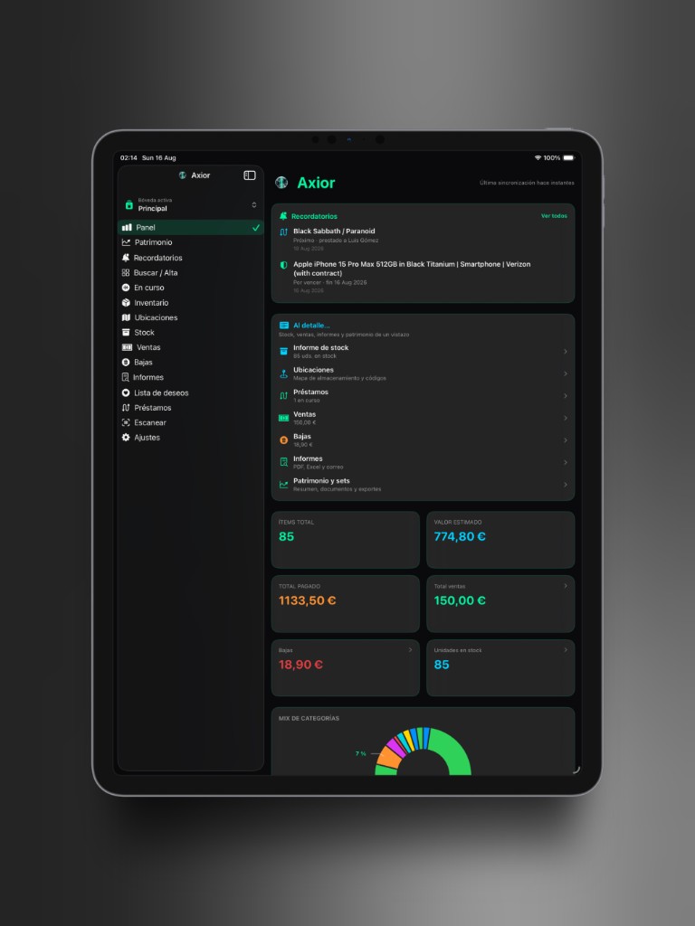 Captura de Axior en iPad mostrando Panel de inicio.