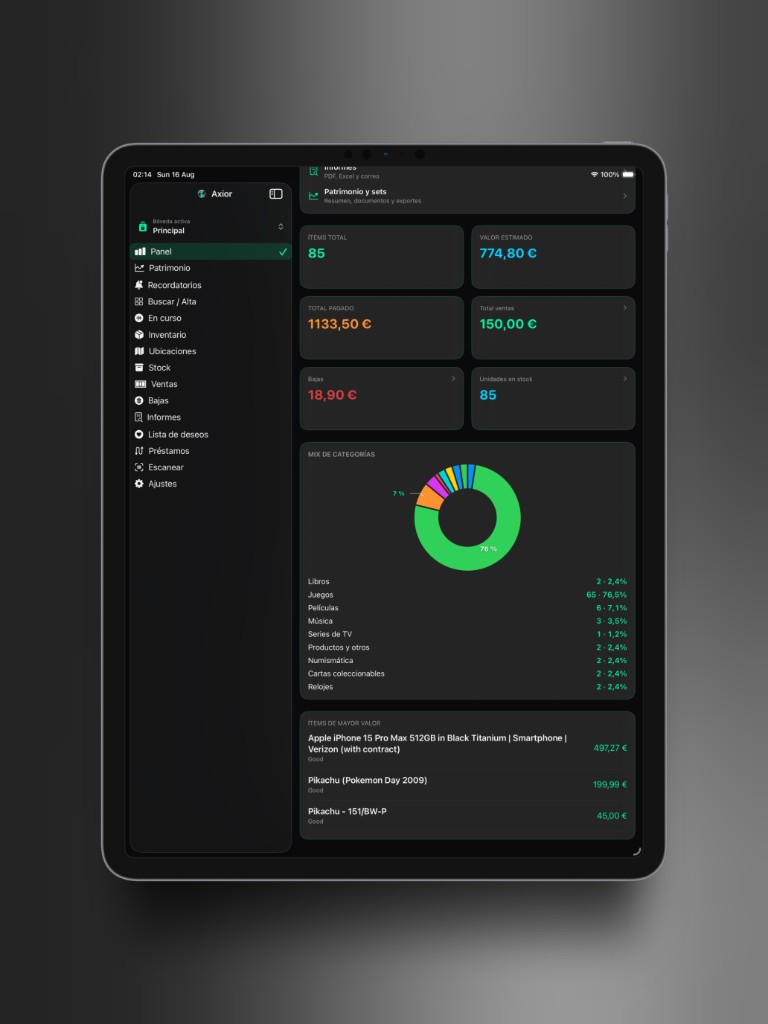 Captura de Axior en iPad mostrando Mix de categorías.