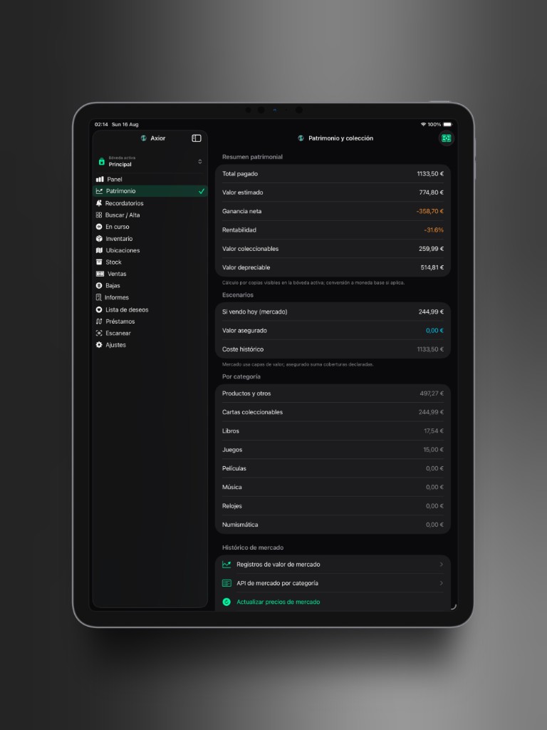 Captura de Axior en iPad mostrando Resumen patrimonial.
