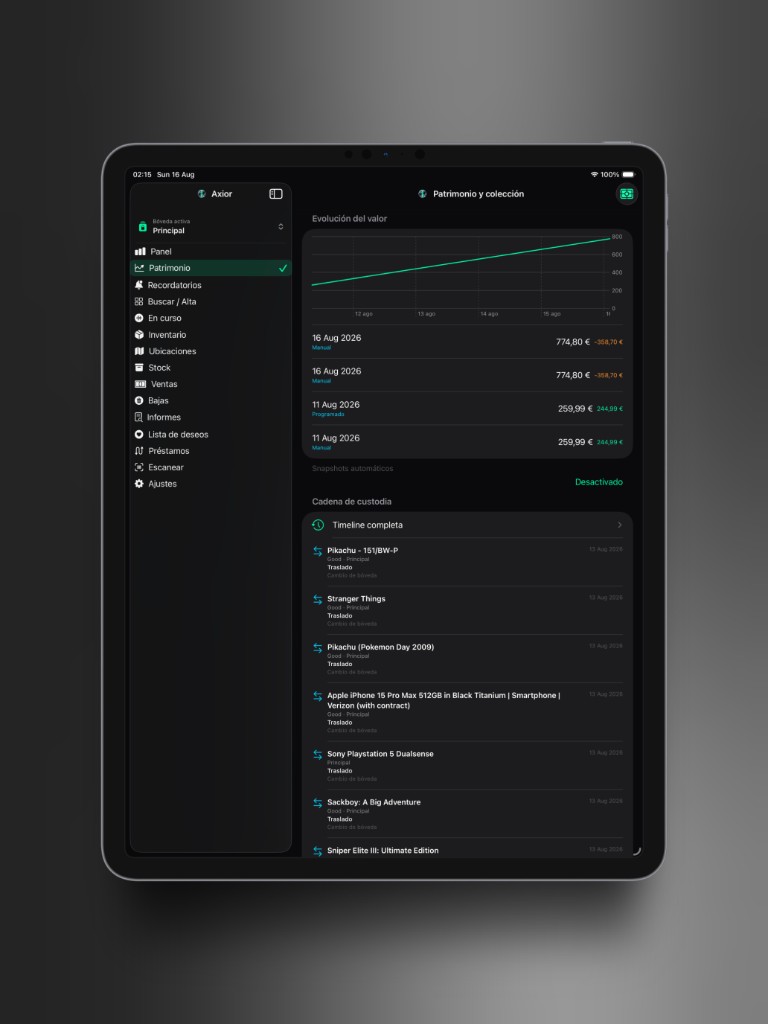 Captura de Axior en iPad mostrando Evolución y custodia.