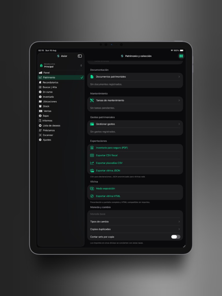 Captura de Axior en iPad mostrando Exportaciones.