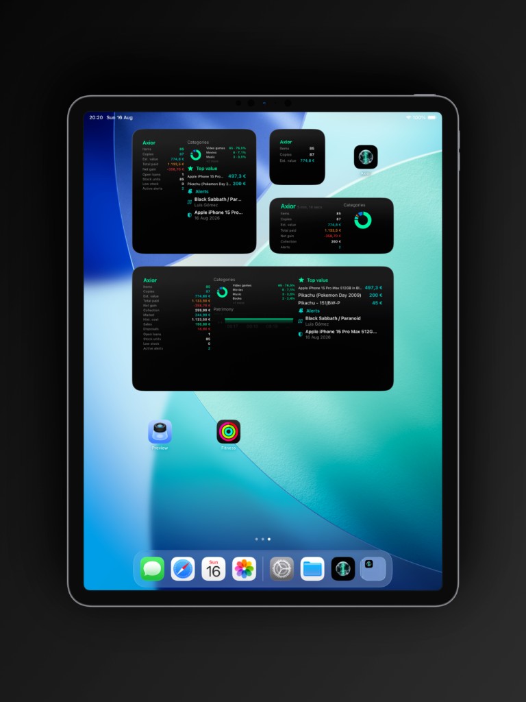 Captura de Axior en iPad mostrando Widgets en la pantalla de inicio.