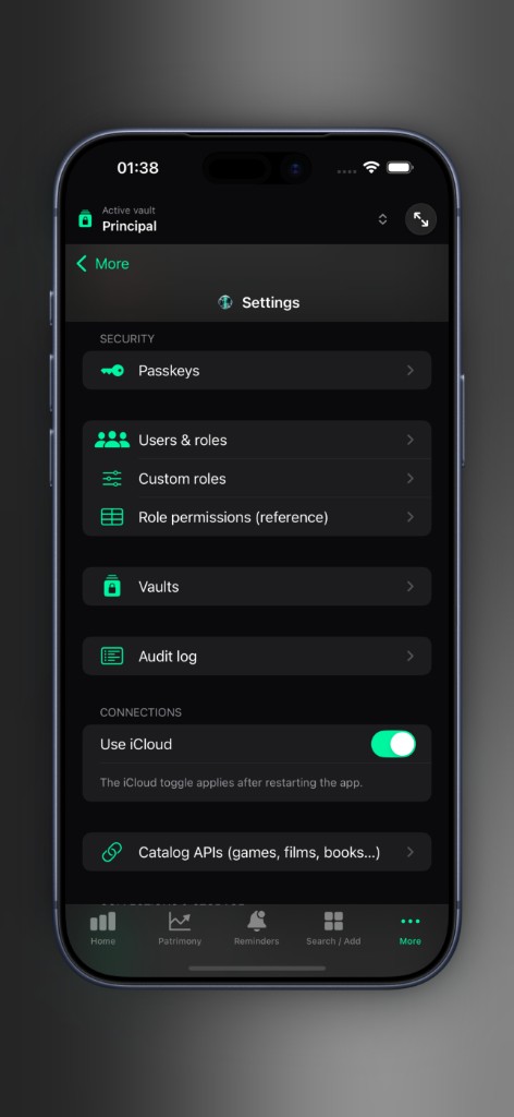 Axior on iPhone showing Passkeys and profiles.