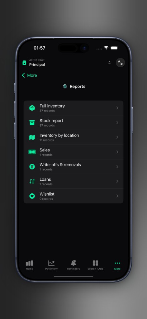 Axior on iPhone showing Reports.