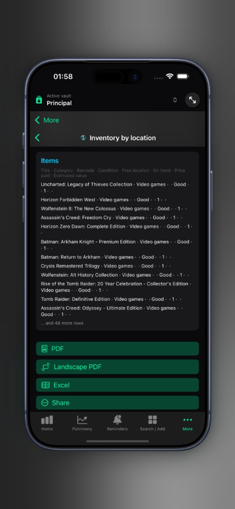 Axior on iPhone showing Inventory report.