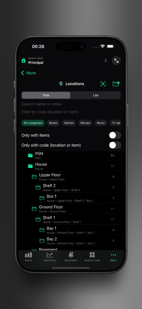 Axior on iPhone showing Location tree.