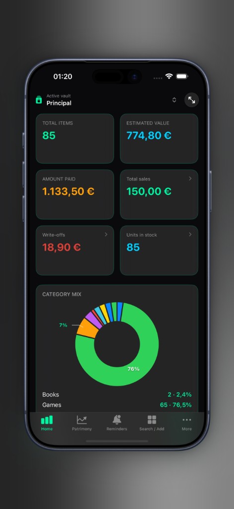 Axior on iPhone showing Home dashboard.
