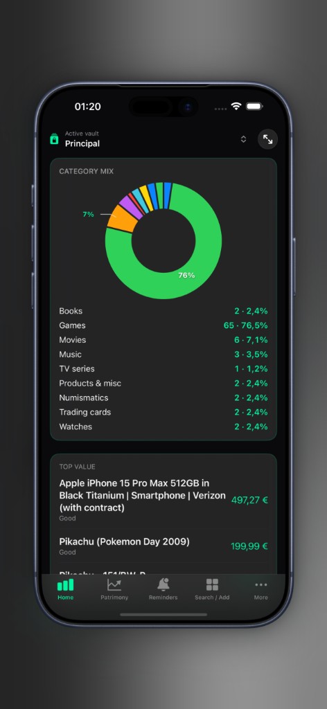 Axior on iPhone showing Category mix.