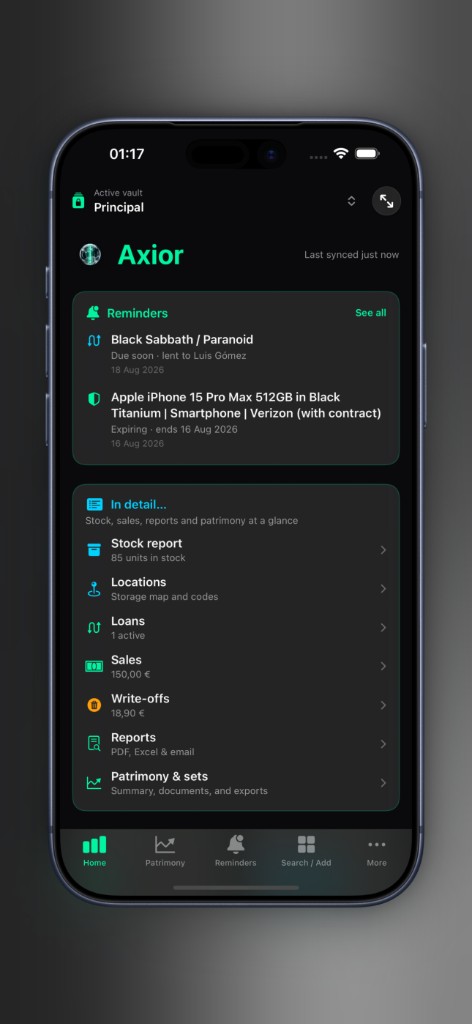 Axior on iPhone showing Reminders.