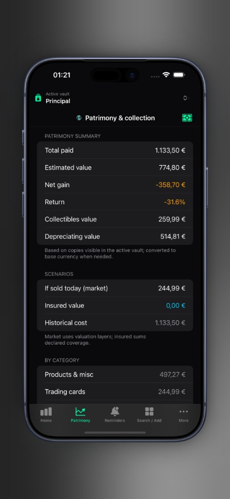Axior on iPhone showing Patrimony overview.