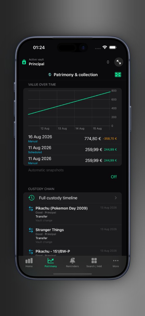 Axior on iPhone showing History and custody.
