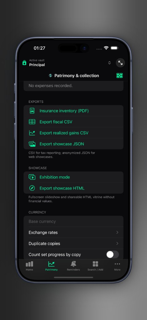 Axior on iPhone showing Exports.