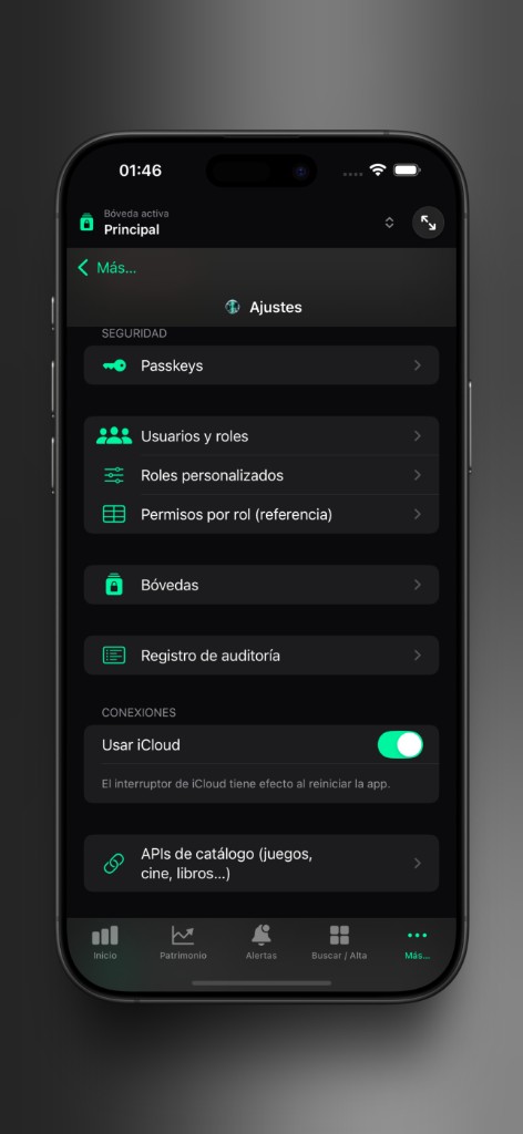 Captura de Axior en iPhone mostrando Passkeys y perfiles.