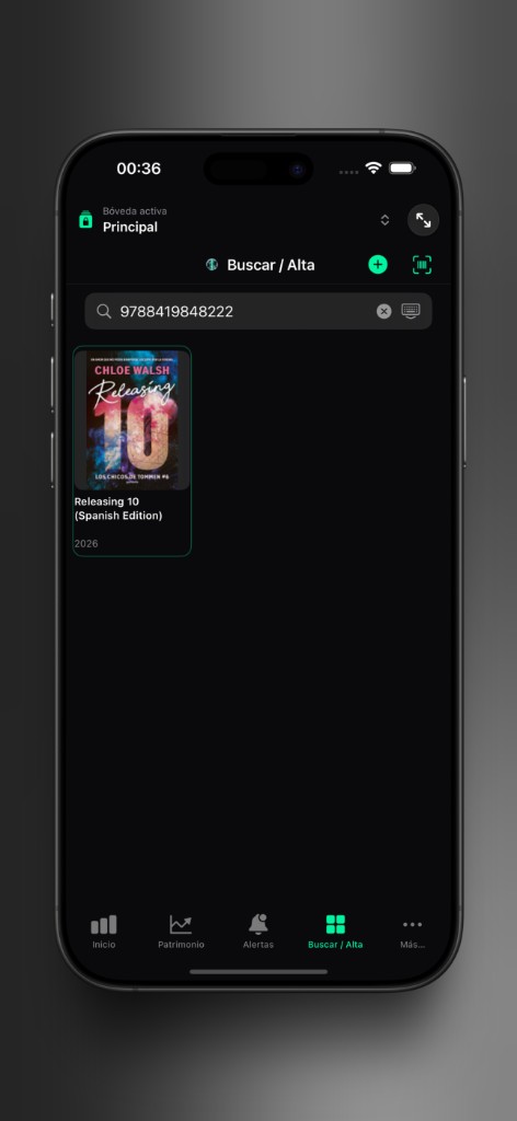 Captura de Axior en iPhone mostrando Buscar y alta.