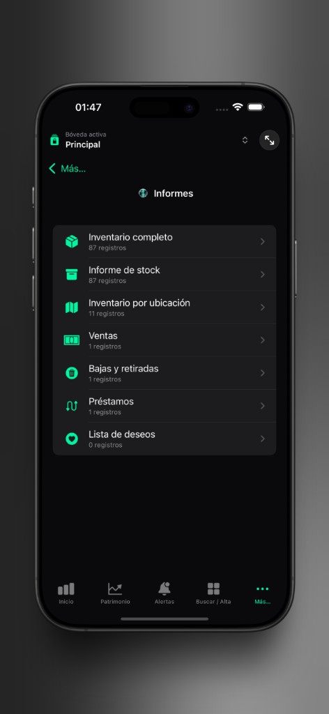 Captura de Axior en iPhone mostrando Informes.