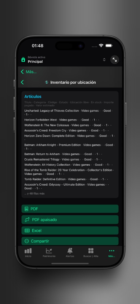 Captura de Axior en iPhone mostrando Informe de inventario.