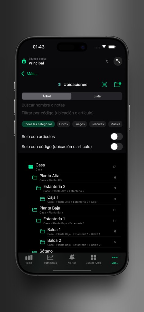 Captura de Axior en iPhone mostrando Árbol de ubicaciones.