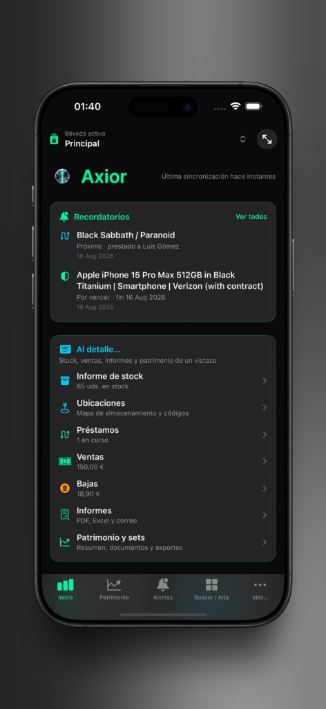 Captura de Axior en iPhone mostrando Panel de inicio.