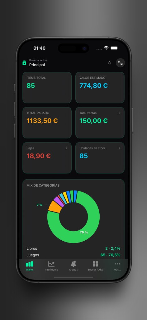 Captura de Axior en iPhone mostrando Mix de categorías.