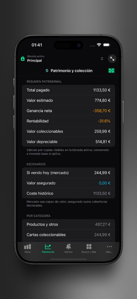 Captura de Axior en iPhone mostrando Resumen patrimonial.