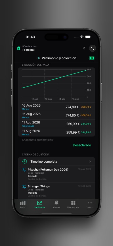Captura de Axior en iPhone mostrando Evolución y custodia.