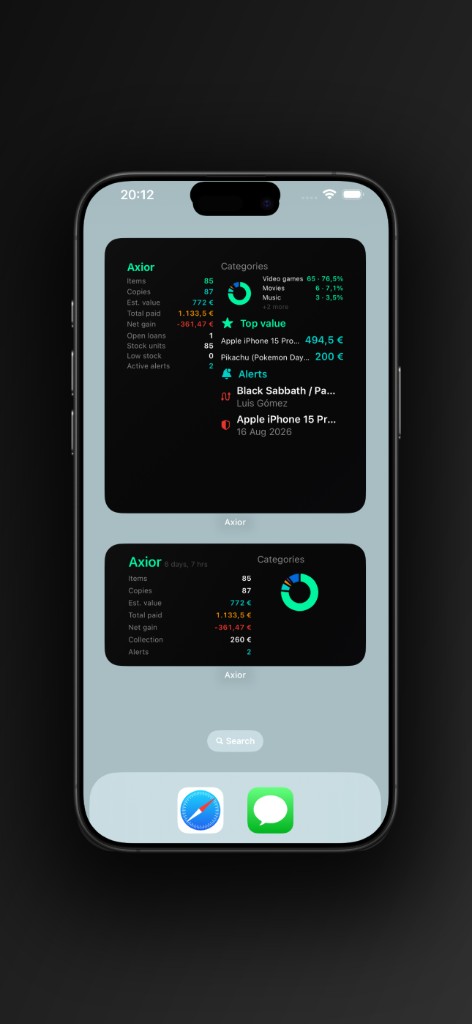 Captura de Axior en iPhone mostrando Widgets en la pantalla de inicio.