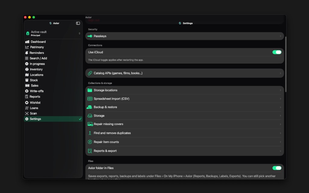 Axior on Mac showing Passkeys and profiles.