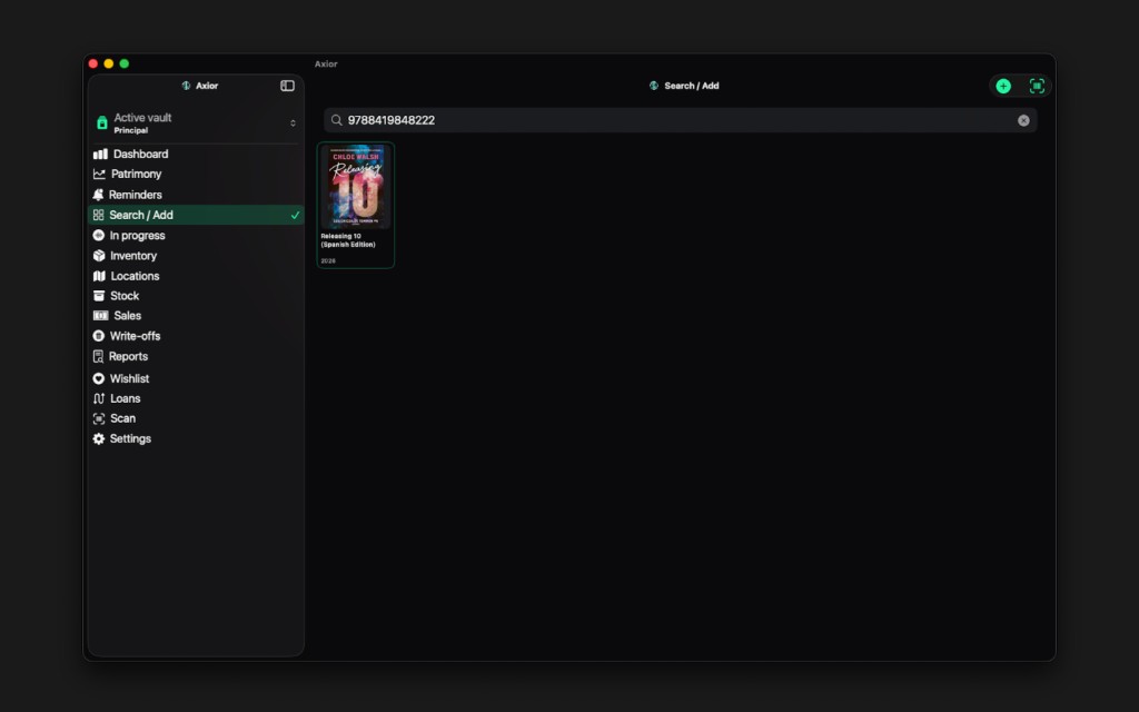 Axior on Mac showing Search and add.