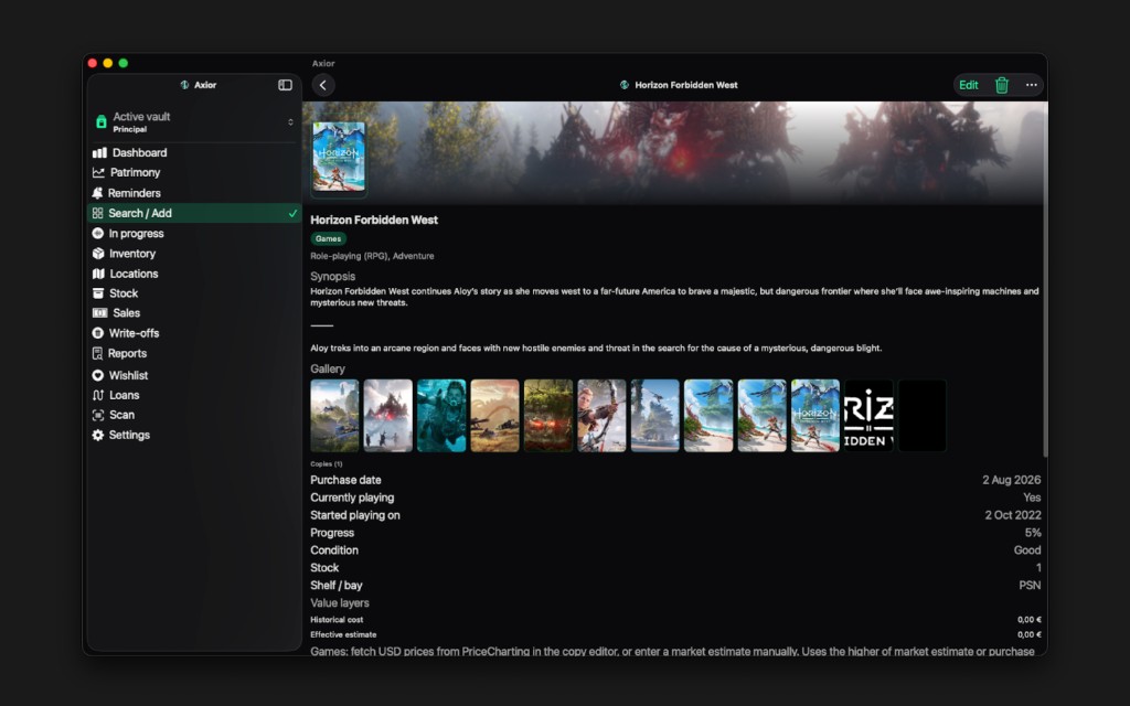 Axior on Mac showing Item card with gallery.