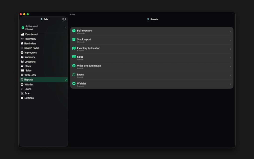 Axior on Mac showing Warranties and loans handled.