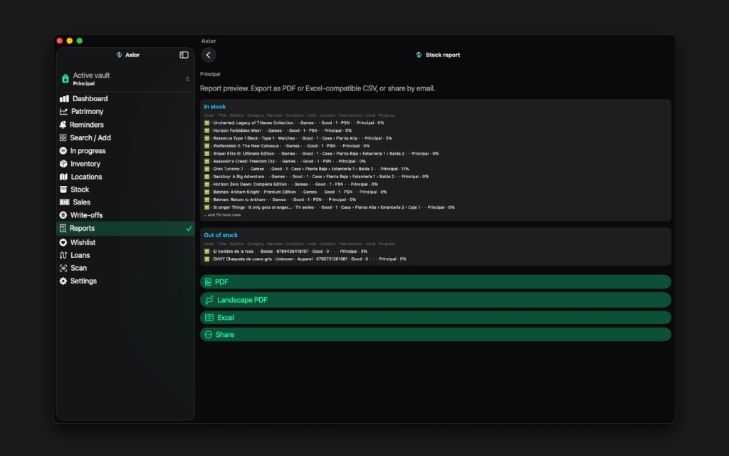 Axior on Mac showing Inventory report.