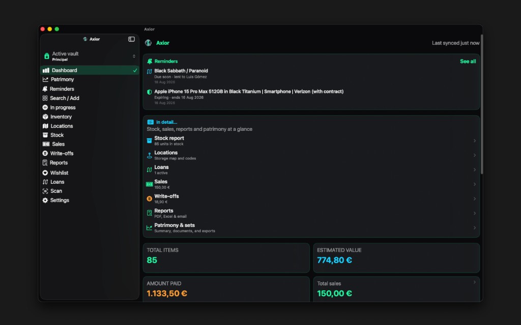 Axior on Mac showing Home dashboard.