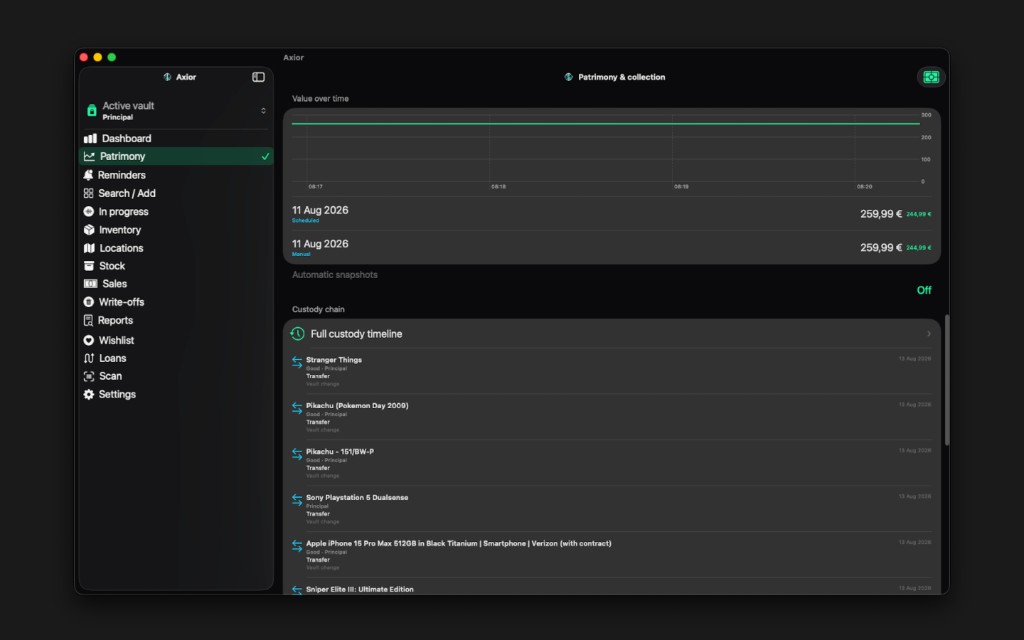 Axior on Mac showing History and custody.