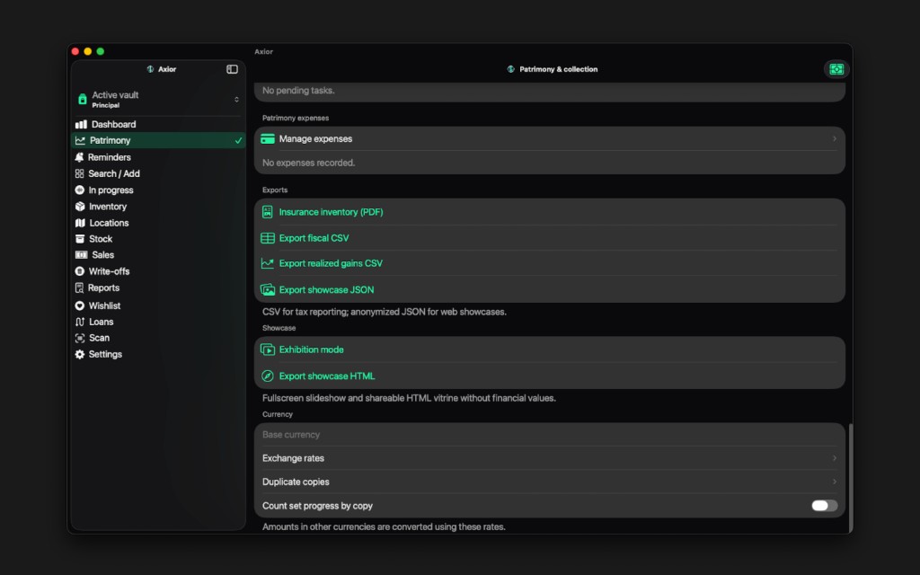 Axior on Mac showing Exports.