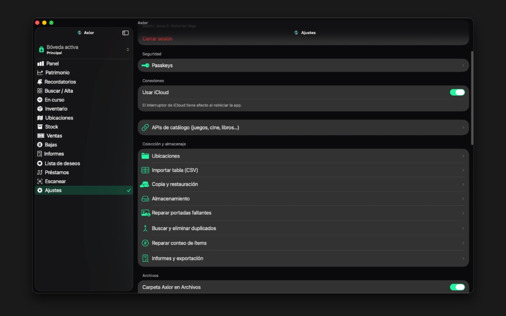 Captura de Axior en Mac mostrando Passkeys y perfiles.
